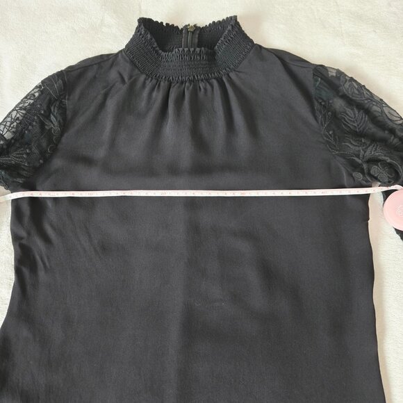 Elie Tahari Black 100% Silk Blouse with Sheer Floral Lace Sleeves Size XS - Picture 9 of 12